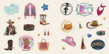 Colorful cowboy hats and boots. Lucky horseshoes and bucking broncos. Prickly cacti and desert sunsets. Delivering 500+ “cowboy-core” designs, this country-inspired StickerCore collection brings the Wild West to everyone.

Rhinestone-studded cowgirl boots, pretty paisleys, neon saloon signs, flower-crowned steer skulls, lucky horseshoes, galloping stallions, and fun sayings like “Yeehaw!” and “Howdy!”—what’s not to love about the western aesthetic?
 
 With Western Stickers, those ready to saddle up in style