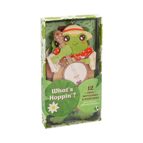 Add some quirky charm to your correspondence with adorable frog-shaped notecards!

These illustrated cards feature four different designs and punny greetings. From a wizard frog to a romantic frog, a bookish toad to a cowboy croaker, each of these playful amphibians will deliver your birthday wishes, congratulations, and cheerful ribbits to friends and family! The stationery set includes 12 die-cut notecards (4 designs repeating) and 12 envelopes.