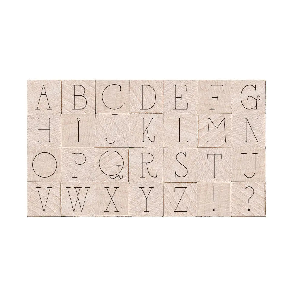 The Hero Arts Printer's Type Alphabet set contains 28 woodblock stamps in a thin whimsical font.&nbsp;

Hero Arts woodblock stamp sets are designed and packaged for stamping perfection. They are mounted on North American maple from sustainable forests for precision and long-lasting quality. Each set features original designs from our award-winning design team that matches the styles and trends of the day.