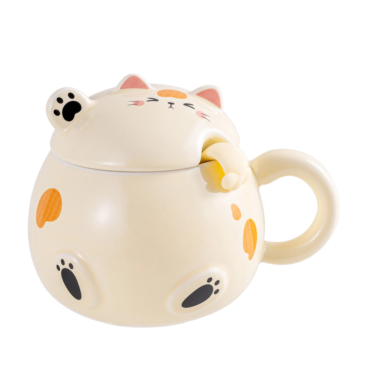 This adorable cat mug includes a matching lid and spoon!

Size: 4"H
Capacity: 15 fl oz
Material: Stoneware
Origin: China