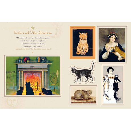 A stunning collection of beautiful vintage stickers on all subjects magickal and mystical—from crystals to cats, moons to mages, goddesses and more. Collection of illustrations featuring cats and a woman, with text on a beige background.