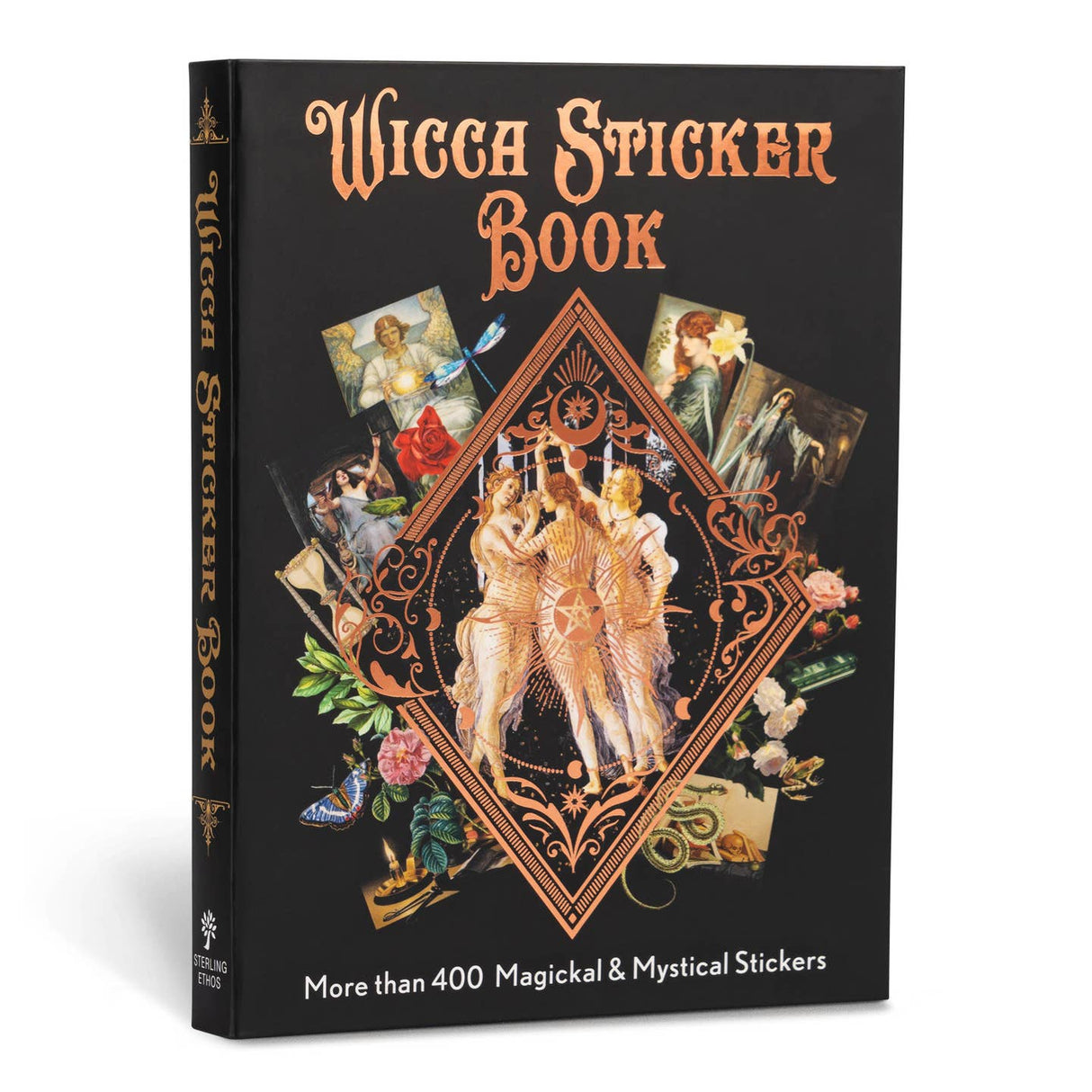 A stunning collection of beautiful vintage stickers on all subjects magickal and mystical—from crystals to cats, moons to mages, goddesses and more. Wicca Sticker Book with decorative design on a black background