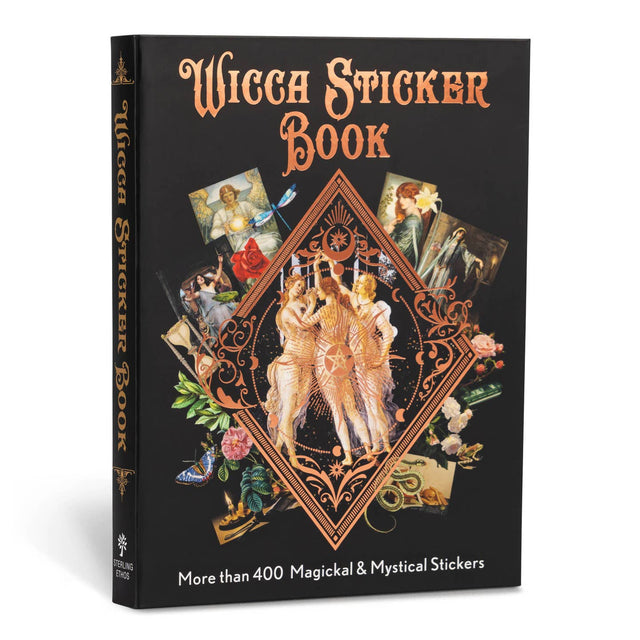 A stunning collection of beautiful vintage stickers on all subjects magickal and mystical—from crystals to cats, moons to mages, goddesses and more. Wicca Sticker Book with decorative design on a black background