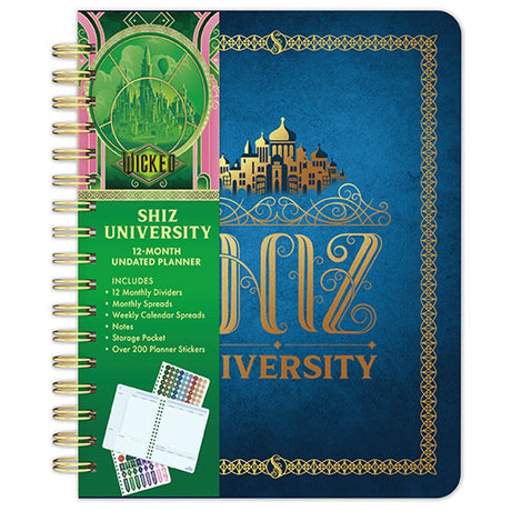This 12-month undated planner features images inspired by Shiz University and Wicked, and is a perfect gift for fans to immerse themselves into the world of Wicked all year long.

&nbsp;START PLANNING NOW: Fill in the months and dates in this undated planner to start a year of planning at any time.

148 PAGES AND OVER 225 PLANNER STICKERS: This planner provides plenty of room to plan your goals, priorities, and activities, and to reflect on your own magical moments each week. Included are 12 unique dividers