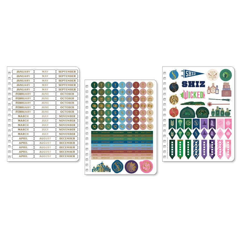 This 12-month undated planner features images inspired by Shiz University and Wicked, and is a perfect gift for fans to immerse themselves into the world of Wicked all year long.

&nbsp;START PLANNING NOW: Fill in the months and dates in this undated planner to start a year of planning at any time.

148 PAGES AND OVER 225 PLANNER STICKERS: This planner provides plenty of room to plan your goals, priorities, and activities, and to reflect on your own magical moments each week. Included are 12 unique dividers