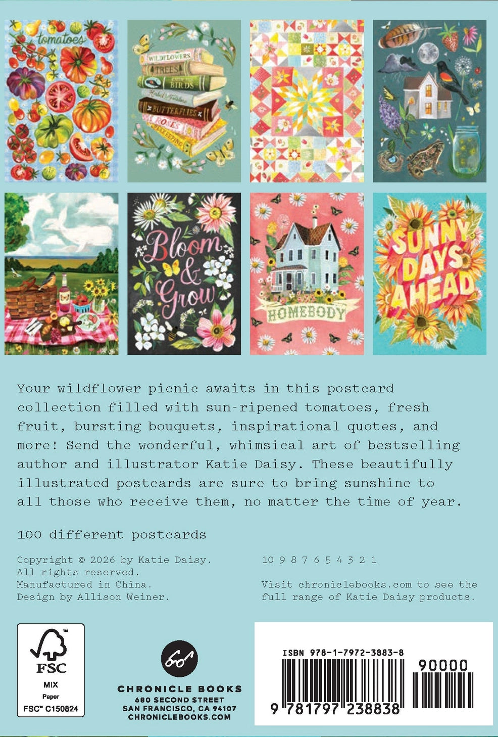 The first postcard collection from beloved illustrator Katie Daisy, curated for all wildflower lovers.

Bouquets of wildflowers, vibrant fresh fruit, perfect sun-ripened tomatoes, inspirational quotes, and more! This 100-piece postcard collection is bursting with the wonderful, whimsical art of bestselling author and illustrator Katie Daisy. Used as correspondence or as miniature pieces of art to adorn walls, desks, or bulletin boards, these beautifully illustrated postcards are sure to evoke sunshine and j
