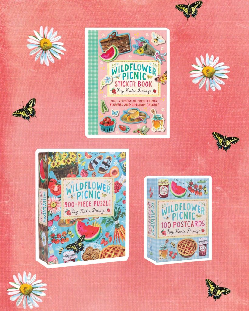 Fresh fruits, flowers, and gingham galore! This sticker book is bursting with the wonderful, whimsical art of bestselling author and illustrator Katie Daisy. Featuring 100+ die-cut stickers with a wildflower picnic theme, the set includes beautiful butterflies and wildflowers, sweet jam jars and juicy fruit, luscious pies and charcuterie boards perfect for decorating journals, planners, water bottles, tumblers, and more!