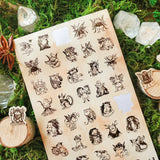 A curious gathering of tiny forest folk fills this sheet, from winged fae and horned creatures to mushroom dwellers, leafy little beings, and a few faces that are wonderfully hard to classify. Delicate sepia linework gives each character its own personality, creating an enchanting collection that feels as though these secretive little residents have been hiding among the moss all along.

One sticker sheet is included.
Top Coating: None
Adhesive Layer: Paper
Backing Layer: Paper
Size: 6.69"x3.54"
Weight-0.3
