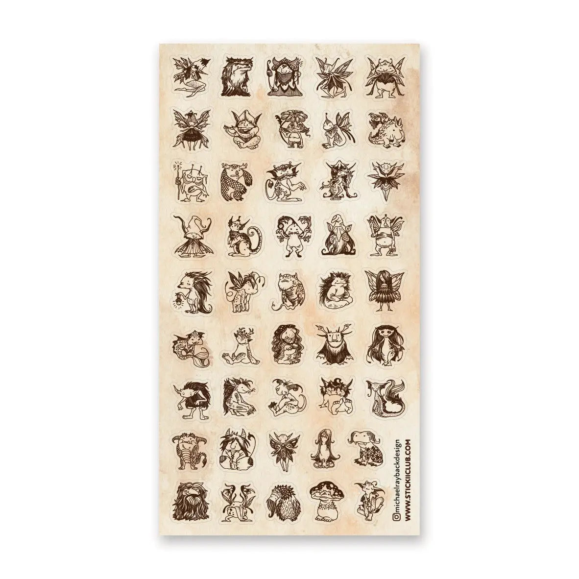  A curious gathering of tiny forest folk fills this sheet, from winged fae and horned creatures to mushroom dwellers, leafy little beings, and a few faces that are wonderfully hard to classify. Delicate sepia linework gives each character its own personality, creating an enchanting collection that feels as though these secretive little residents have been hiding among the moss all along.

One sticker sheet is included.
Top Coating: None
Adhesive Layer: Paper
Backing Layer: Paper
Size: 6.69"x3.54"
Weight-0.3