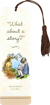 "What about a story?'' Adorable children's bookmark features illustrator E. H. Shepard's beloved depiction of Pooh and Christopher Robin for author A. A. Milne's Winnie-the-Pooh.

Children's bookmark is printed on sturdy, smooth-finish card stock. Gold foil highlights add to the magic. A matching tassel is attached.&nbsp;

A bonus on the back: A handy ruler printed in inches and centimeters. Bookmark measures 2-1/2'' wide x 7-1/8'' high.&nbsp;

Warning: Choking hazard, small parts. Not for children under 3 