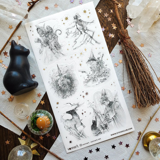  Step into @vonnart’s spellbound woodland, where stars glitter overhead and the forest keeps its secrets well. A crowned figure cloaked in bones, towering mushrooms, witchy alchemy, and an otherworldly stag emerge like fragments of a dark fairytale. Haunting, whimsical, and beautifully imaginative, it will bring a touch of forest magic to your pages.

Art by: @vonnart

One sticker sheet is included.
Top Coating: Silver foil
Adhesive Layer: Paper
Backing Layer: Paper
Size: 6.69"x3.54"
Weight-0.03oz
