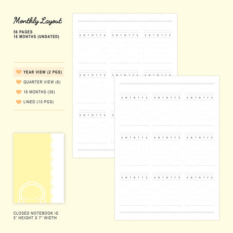 Use this monthly notebook for your agenda planning, as an insert in your B6 planner, or as a standalone notebook for doodling or memory keeping! The Steam Team's happy and cheery Dawn Tot can be seen peeking out of the front, back, and inside covers to keep you company ;)

SPECIFICATIONS

SIZE: 5" wide and 7" tall, slotting perfectly into the strings of any B6 Traveler's Notebook (TN) cover