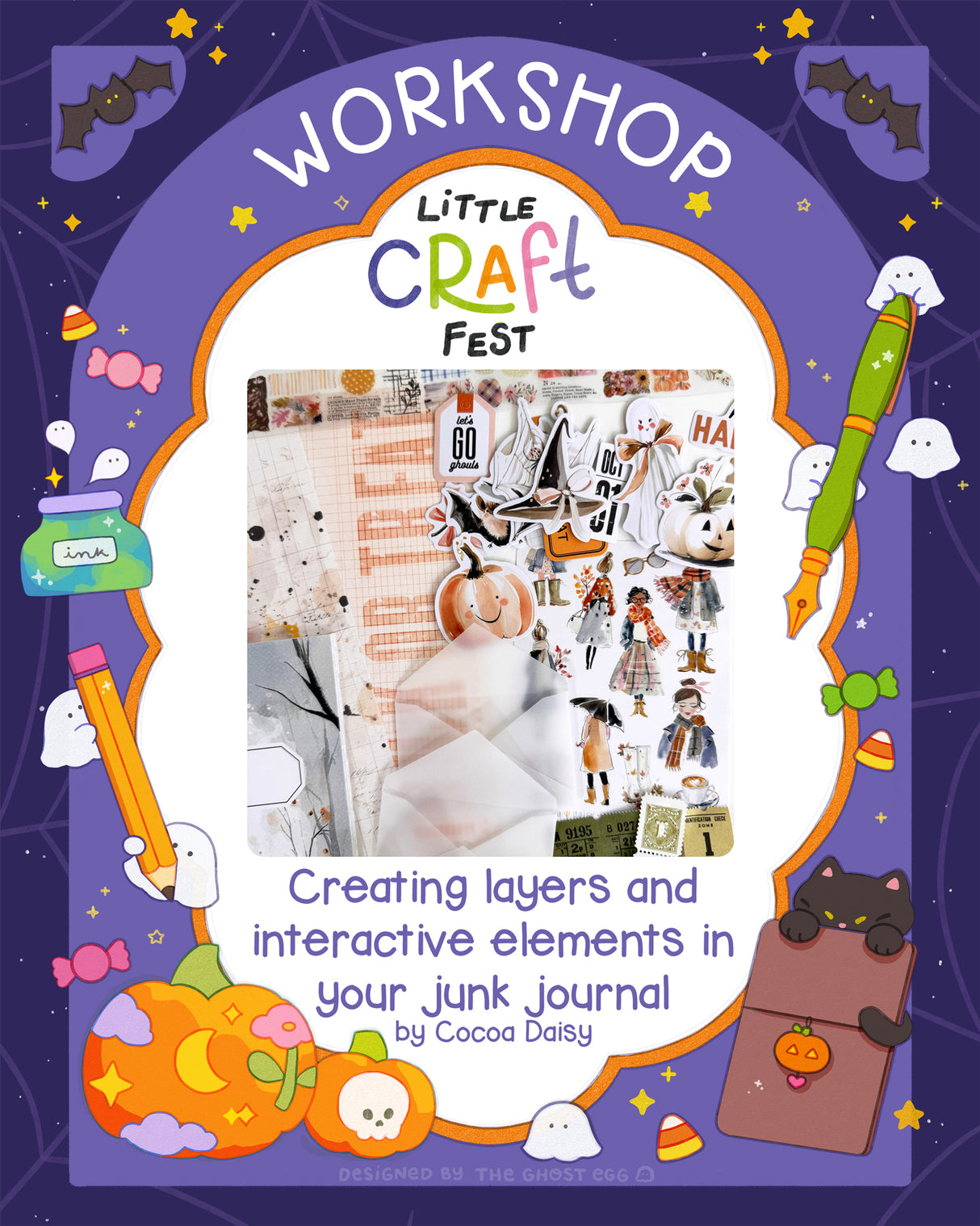 Promotional graphic for a 'Little Craft Fest' workshop by Cocoa Daisy, themed around Halloween. The design features a purple starry night background with cute cartoon illustrations like ghosts, pumpkins, bats, and a cat.