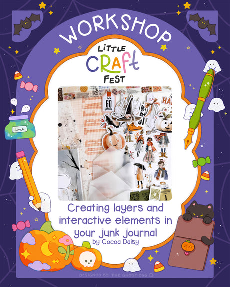 Promotional graphic for a 'Little Craft Fest' workshop by Cocoa Daisy, themed around Halloween. The design features a purple starry night background with cute cartoon illustrations like ghosts, pumpkins, bats, and a cat.
