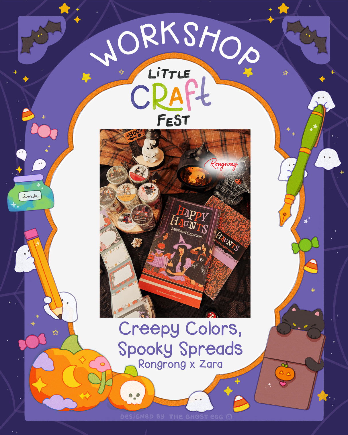 Promotional graphic for a Little Craft Fest workshop featuring spooky themed spreads by Rongrong x Zara. The central photo shows a styled tabletop arrangement with a 'Happy Halloween' book, candle jars, and patterned paper on a plaid cloth.