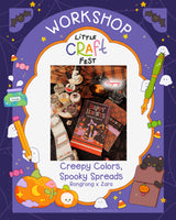 Promotional graphic for a Little Craft Fest workshop featuring spooky themed spreads by Rongrong x Zara. The central photo shows a styled tabletop arrangement with a 'Happy Halloween' book, candle jars, and patterned paper on a plaid cloth.