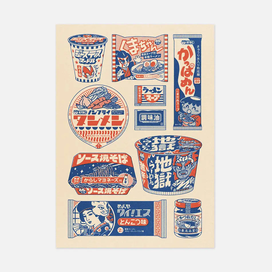 This illustration is a compilation of fake instant noodle packaging that I created.

• Postcard size A6 (14.8 × 10.5 cm)
•Fedrigoni Arena 300g/m2 FSC certified paper
• Printed in France