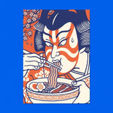 This illustration is inspired by Japanese prints (ukiyo-e) and represents a traditional Kabuki theater actor eating a bowl of ramen.

• A6 size postcard (10.5 x 14.8cm)
• Fedrigoni Woodstock 260g/m2 paper
• 80% recycled fibers, acid-free, FSC certified
• printed in France