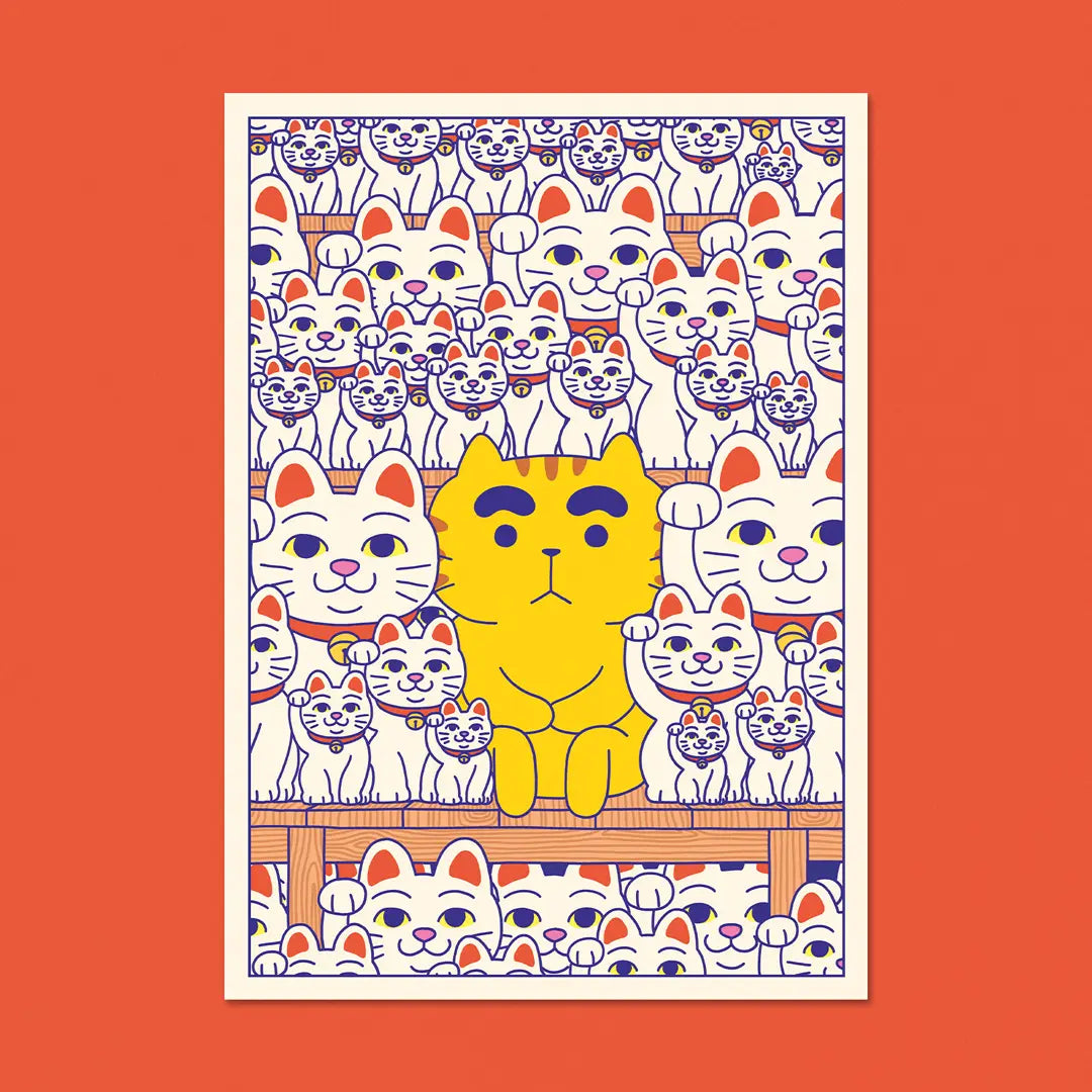 This illustration is inspired by the Gotoku-ji Temple in Tokyo, known for housing over 1000 cat figurines called Maneki-Neko.

• Postcard size A6 (14.8 × 10.5 cm)
• Old Mill Premium White 300g paper
• Digital printing
• Printed in France
