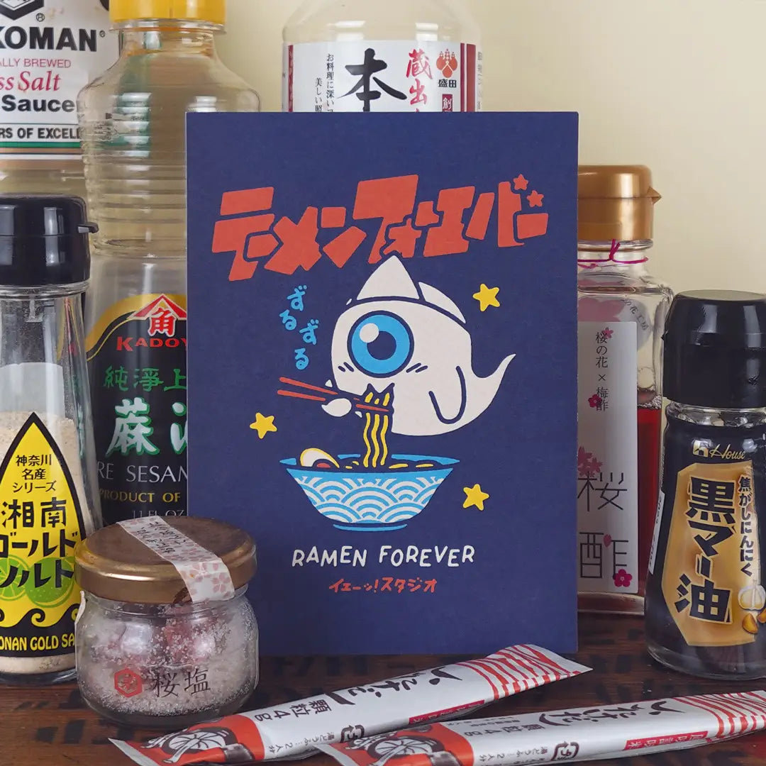 This illustration shows one of our original characters inspired by Japanese pop culture and stories, Yû, eating a bowl of ramen. Yū is a yûrei (Japanese ghost), as indicated by the white triangle he wears on his forehead called Hitaikakushi. Translations: Ramen Forever ₂ (zuruzuru) - onomatopoeia referring to the noise Japanese make when swallowing a bowl of ramen, equivalent to “slurp! Slurp!”

• Postcard format A6 (14.8 x 10.5cm)
• Fedrigoni Arena 300gm2 FSC certified paper
• printed in France