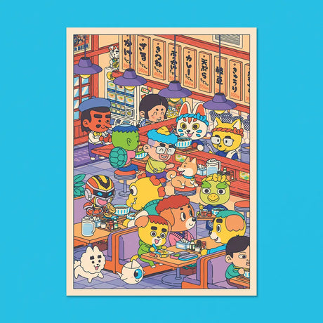 Welcome to Menya Kitsune, an udon restaurant (udon-ya in Japanese) where you'll encounter all sorts of cute creatures while enjoying the best bowl of your life!

• Postcard size A6 (14.8 × 10.5 cm)
• Old Mill Premium White 300g paper
• Digital printing
• Printed in France