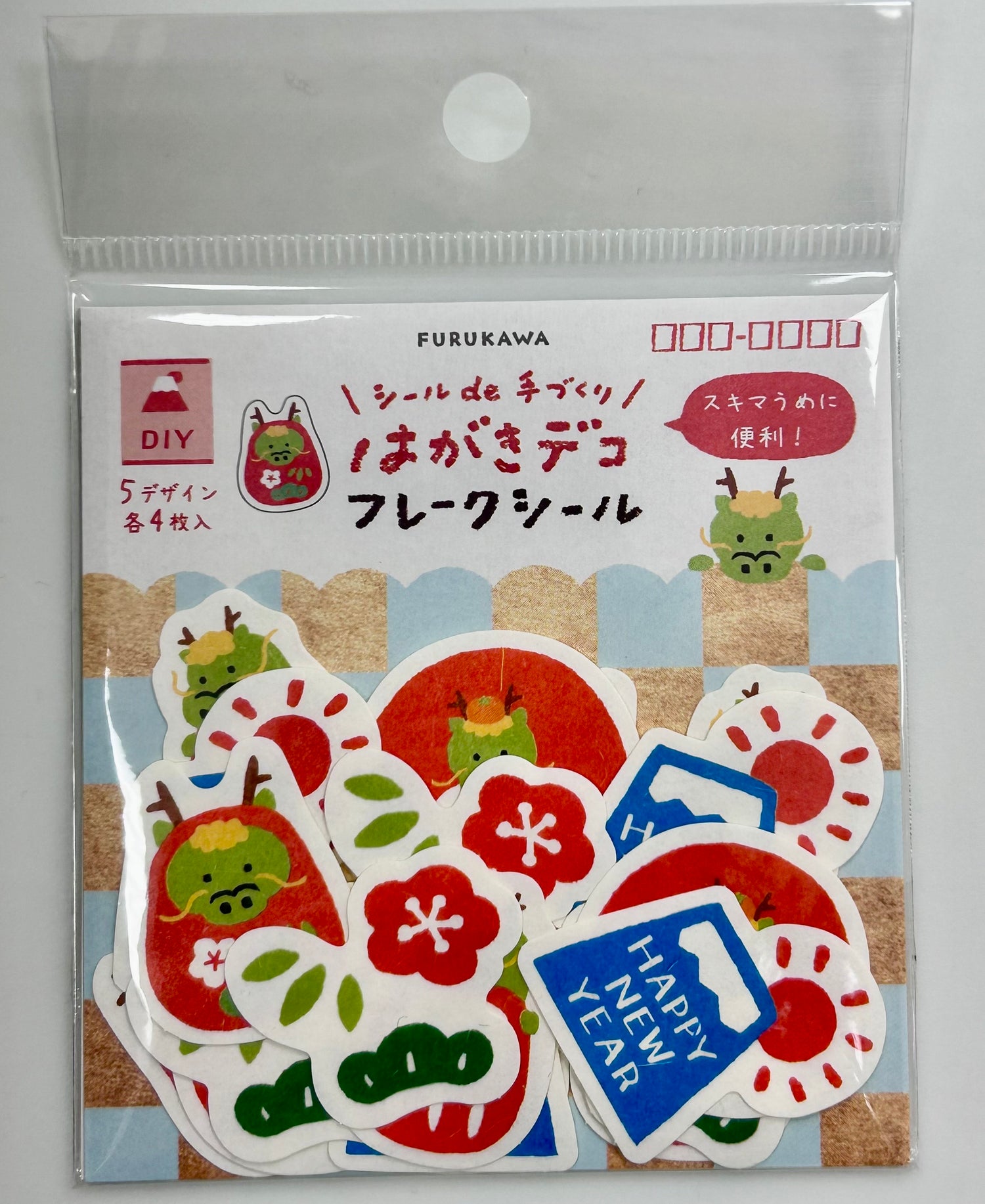 2024 Year of the Dragon Lunar New Year Sticker, made in Japan.

• This package includes&nbsp;20 sticker (5 designs, 4 each)
• Each sticker measures approx.&nbsp;1" 　
• Made in Japan
• Great for scrapbooks; gift wrap; photo albums; frames; stationary and more!