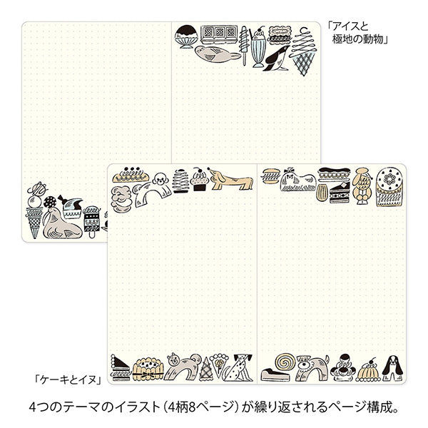 Yuru Log is a notebook series that allows anyone to easily keep a record of their daily lives in a "loose and fun" way. Yuru means Relax and Log stand for Record. It is perfect for people who want to enjoy recording their daily lives while decorating their notebooks or diaries but are not good at layout or drawing, or for beginners who are interested but find it difficult to get started.

The "Sweets and Animal Patterns" design was created by Ikumi Ouchi, known for its charming hand-drawn touch and charming