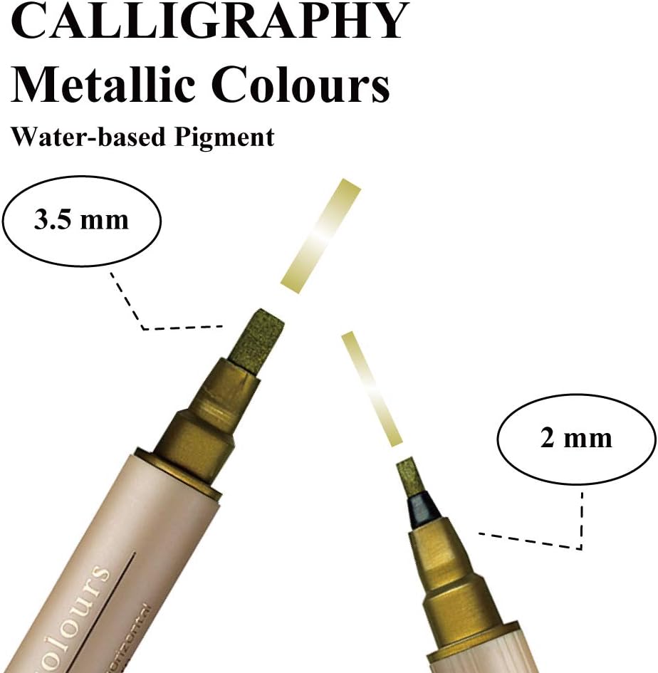 Create thin and thick letters all within one pen! The hard chiseled nibs allow calligraphers and hand letterers the convenience of rendering oblique lines without the hassle of dip pens. These pens are also compatible with watercolors and alcohol inks giving you a wide range of mixed media options. Store horizontally when not in use.

Thin nib: 2 mm
Thick nib: 3.5 mm
Water based pigment
Photo safe
Acid free
Lightfast