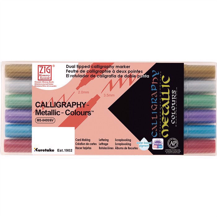 Create thin and thick letters all within one pen! The hard chiseled nibs allow calligraphers and hand letterers the convenience of rendering oblique lines without the hassle of dip pens. These pens are also compatible with watercolors and alcohol inks giving you a wide range of mixed media options. Store horizontally when not in use.

Thin nib: 2 mm
Thick nib: 3.5 mm
Water based pigment
Photo safe
Acid free
Lightfast