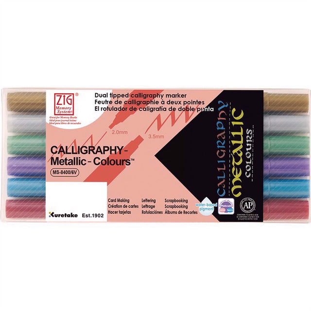 Create thin and thick letters all within one pen! The hard chiseled nibs allow calligraphers and hand letterers the convenience of rendering oblique lines without the hassle of dip pens. These pens are also compatible with watercolors and alcohol inks giving you a wide range of mixed media options. Store horizontally when not in use.

Thin nib: 2 mm
Thick nib: 3.5 mm
Water based pigment
Photo safe
Acid free
Lightfast
