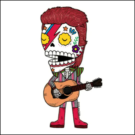 To stardust we return, but before you go how about this spaced out Ziggy Stardust Day of the Dead sticker. Mis nopales artwork, high quality weather-proof vinyl sticker, screen printed professionally, the stickers are die-cut and most measure approximately 2.5 x 4, great for windows, laptops, skateboards, cars, guitars, folders, and just about anywhere you can think of!

Measurement: 4 x 2.5"