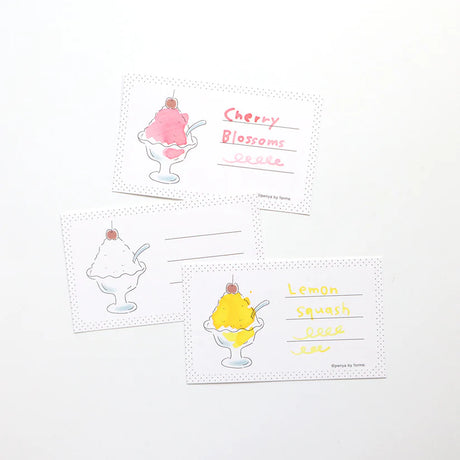 Shaved Ice Ink Swatch Card Set by forme.

These business-sized cards can be used as ink sample cards, a small message card, a short record of cafe visits, or a simple memo card.