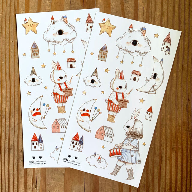 This whimsical themed washi sticker sheet was illustrated by jb0xtchi (Jessica Ng). jb0xtchi creates stationary and small trinkets from whimsical ideas in the form of painting using ink, watercolour, and gouache.

Washi Material Sticker Sheet
Height: 170mm x Width: 90mm
Includes 1 sticker sheet