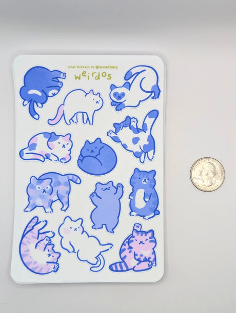 Featuring 12 adorably pudgy cats, each one sporting its own quirky personality, this 4"x6" vinyl sticker sheet is perfect for adding a touch of whimsy to your everyday items. From the cat who’s too cool for school to the one who’s just a little bit offbeat, these weirdos celebrate the joy of being different.