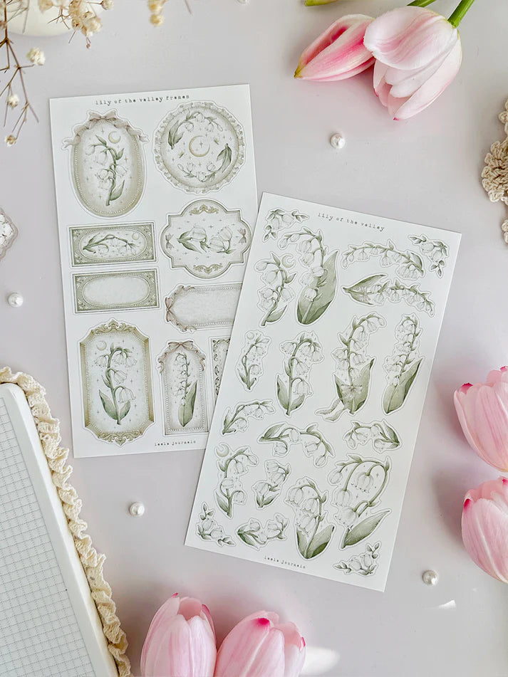 leelajournals Lily of the Valley &amp; Frames 1 Sticker Sheet - 2 pc Set

♡ 2pc sticker sheet set - 2 large

♡ pet matte (clear)

♡ all sheet dimensions estimated: L: 4x7 (in) | S: 4x3 (in)