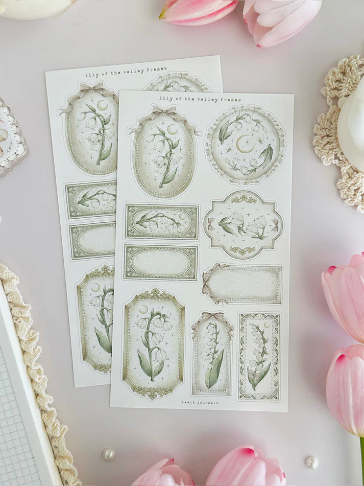 leelajournals Lily of the Valley &amp; Frames 1 Sticker Sheet - 2 pc Set

♡ 2pc sticker sheet set - 2 large

♡ pet matte (clear)

♡ all sheet dimensions estimated: L: 4x7 (in) | S: 4x3 (in)
