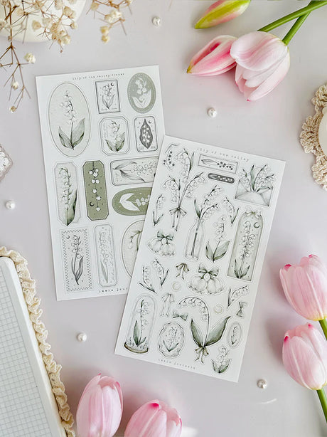 leelajournals Lily of the Valley &amp; Frames 2 Sticker Sheet - 2 pc Set

♡ 2pc sticker sheet set - 2 large

♡ pet matte (clear)

♡ all sheet dimensions estimated: L: 4x7 (in) | S: 4x3 (in)