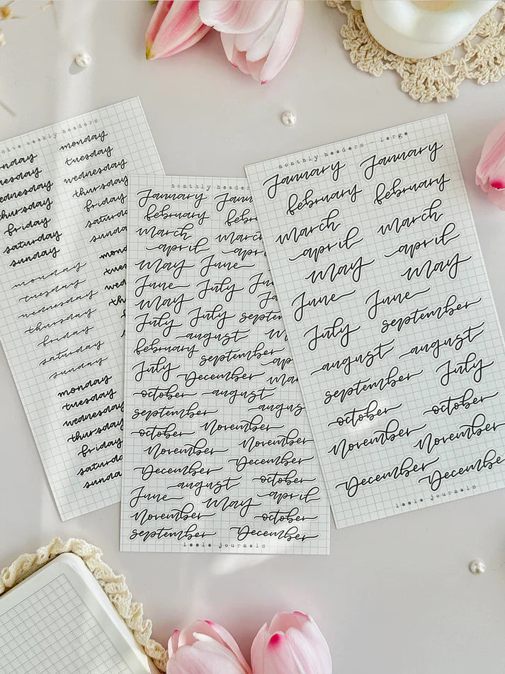 leelajournals Monthly &amp; Weekly Headers 2 Sticker Sheet - 3pc set

♡ 3pc sticker sheet set - 3 large


♡ pet matte (clear)

♡ dimensions estimated: L: 4x7 (in) | S: 4x3 (in)