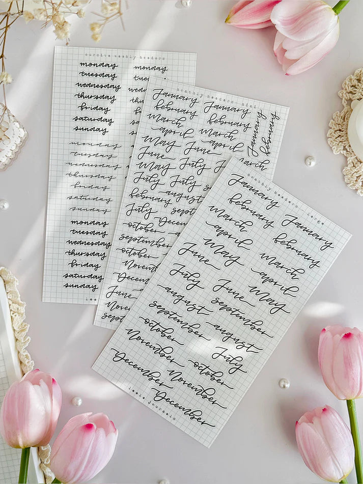 leelajournals Monthly &amp; Weekly Headers 2 Sticker Sheet - 3pc set

♡ 3pc sticker sheet set - 3 large
♡ pet matte (clear)
♡ dimensions estimated: L: 4x7 (in) | S: 4x3 (in)