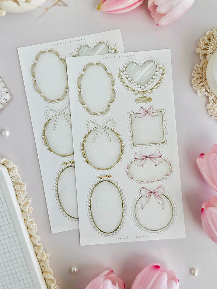leelajournals Pearls &amp; Frames Sticker Sheet - 2pc Set

♡ 2pc sticker sheet set - 2 large&nbsp;

♡ pet matte (clear)

♡ all sheet dimensions estimated: L: 4x7 (in) | S: 4x3 (in)