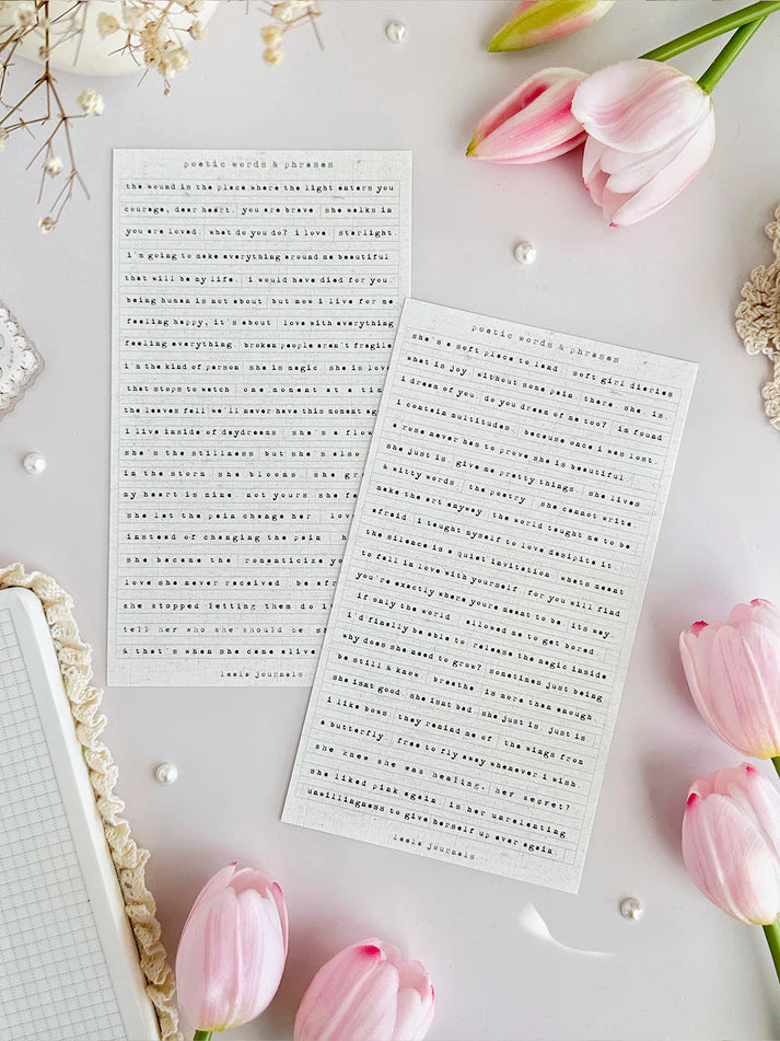 leelajournals Poetic Phrases Sticker Sheet - 2pc Set

♡ 2pc sticker sheet set - 2 large&nbsp;(new second sheet with new phrases!)

♡ white matte

♡ all sheet dimensions estimated: L: 4x7 (in) | S: 4x3 (in)