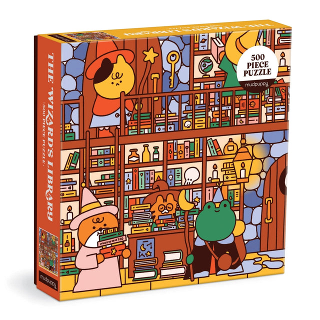 Puzzle box with colorful illustration of a wizard's library scene