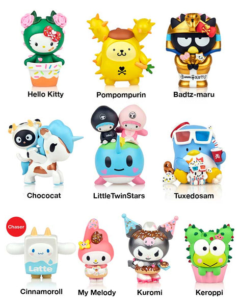 Characters include: Hello Kitty, My Melody, Kuromi, Pompompurin, Keroppi, Badtz-maru, LittleTwinStars, Tuxedosam, Chococat & Mooka and Cinnamoroll (chaser!)