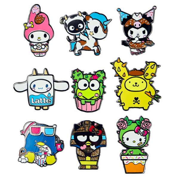 Tokidoki x Hello Kitty and Friends Series 2 Enamel Pin Blind Box - Characters include Hello Kitty, My Melody, Kuromi, Pompompurin, Keroppi, Badtz-maru, LittleTwinStars, Tuxedosam, Chococat & Mooka and Cinnamoroll (chaser!)
