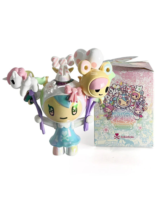 Celebrate 20 years of tokidoki with our 20th Anniversary Blind Box! This series features iconic characters reimagined in party-ready designs, including Donutella, Nijiko, Mozzarella, Adios, Mermicorno, and more—plus a special chaser, Party Bubbly! Join the celebration of two decades of signature & artwork, unforgettable characters, and kawaii culture with this must-have blind box collection for every tokidoki fan!