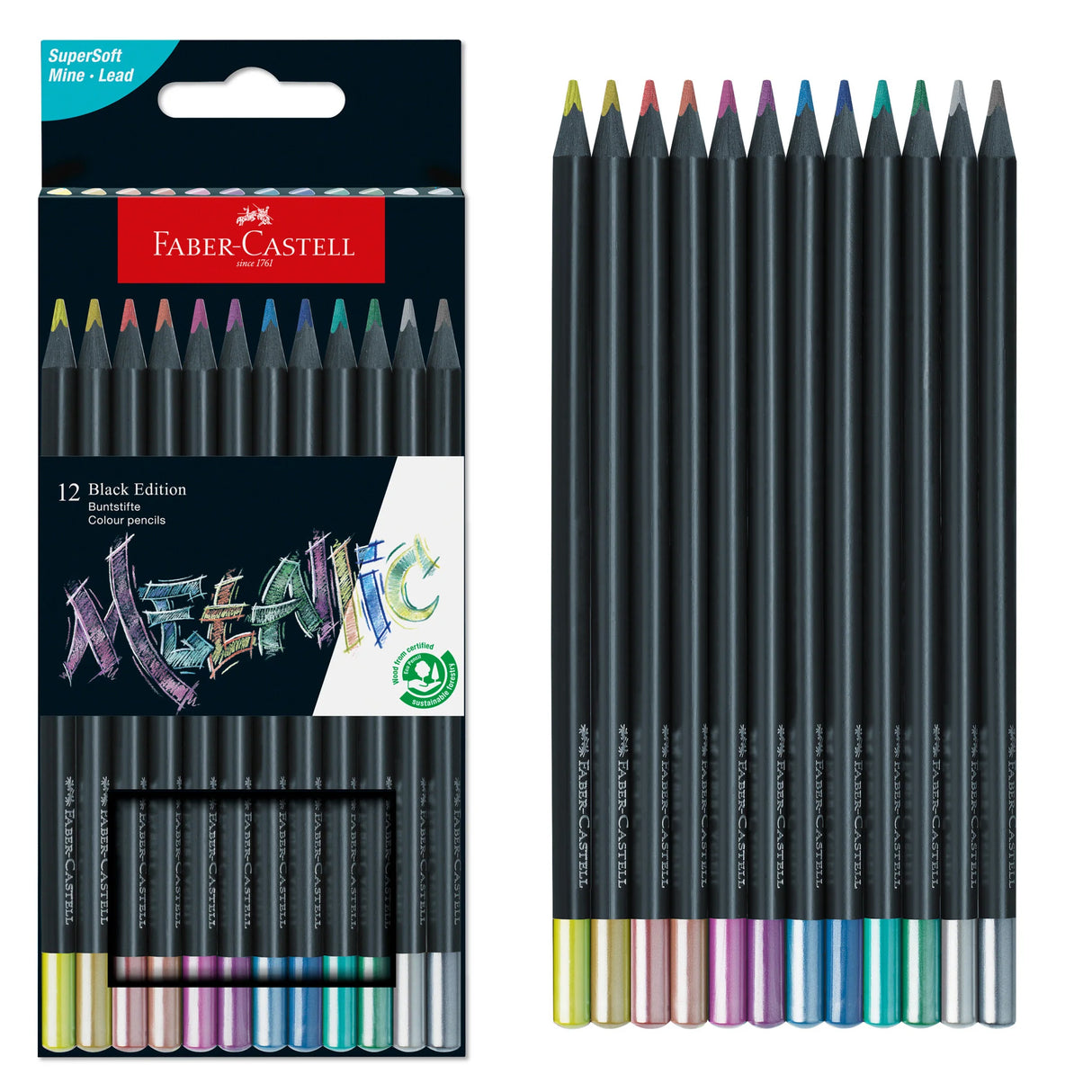Faber-Castell Black Edition Colored Pencils - Metallic - Box of 12