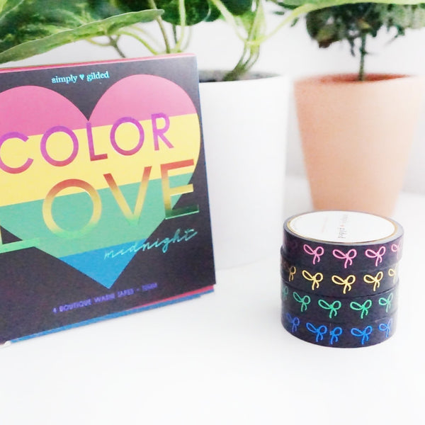 simply gilded Washi Tape BOX SET of 4 - Color Love MIDNIGHT 10mm + pink/gold/green/blue foil bows (February 28 Release)