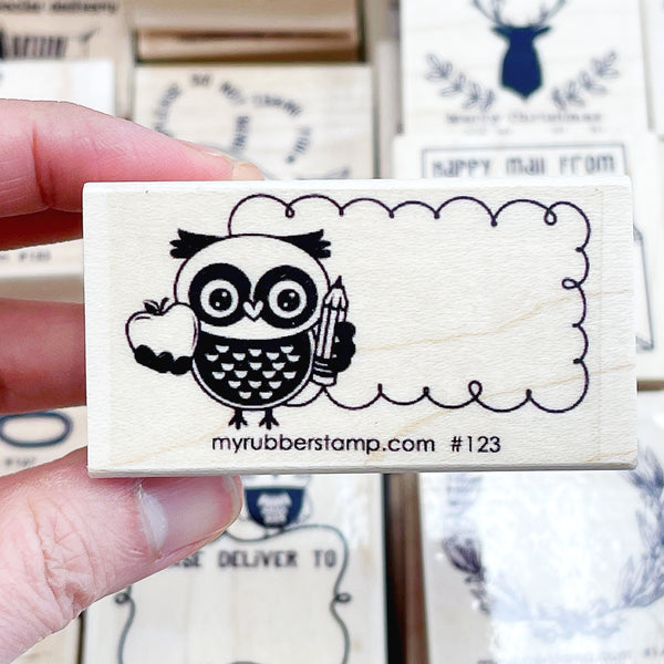 Owl with Apple & Pencil Rubber Stamp