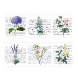 Flower cuttings including hydrangea, rose, lavender, bluebell flower with handwriting script background