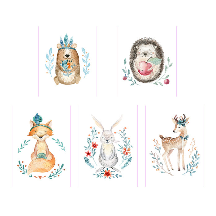 Woodland animals like bear, hedgehog, fox, bunny and deer